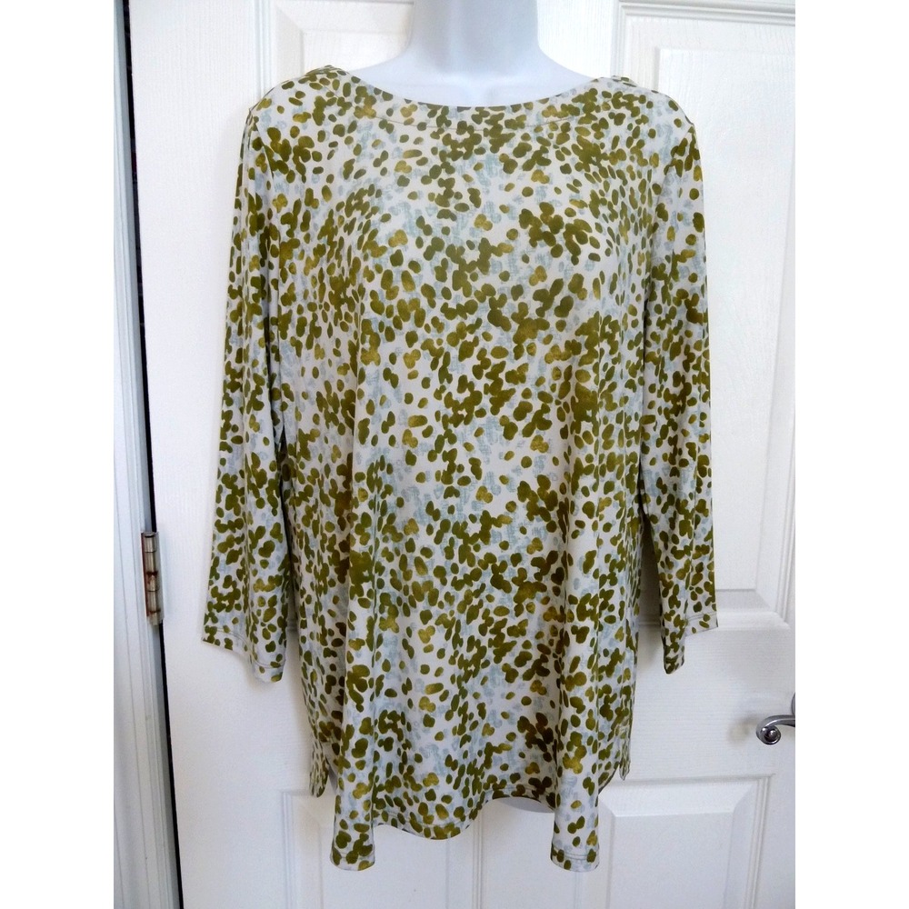 Susan Graver Liquid Knit Tie Back Tunic Top Dotted Green Blue White Med 10/12